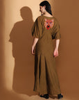 Earthy Olive Gond Artwork Dress - Charkha TalesEarthy Olive Gond Artwork Dress