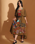 Earthy Olive Gond Artwork Dress - Charkha TalesEarthy Olive Gond Artwork Dress