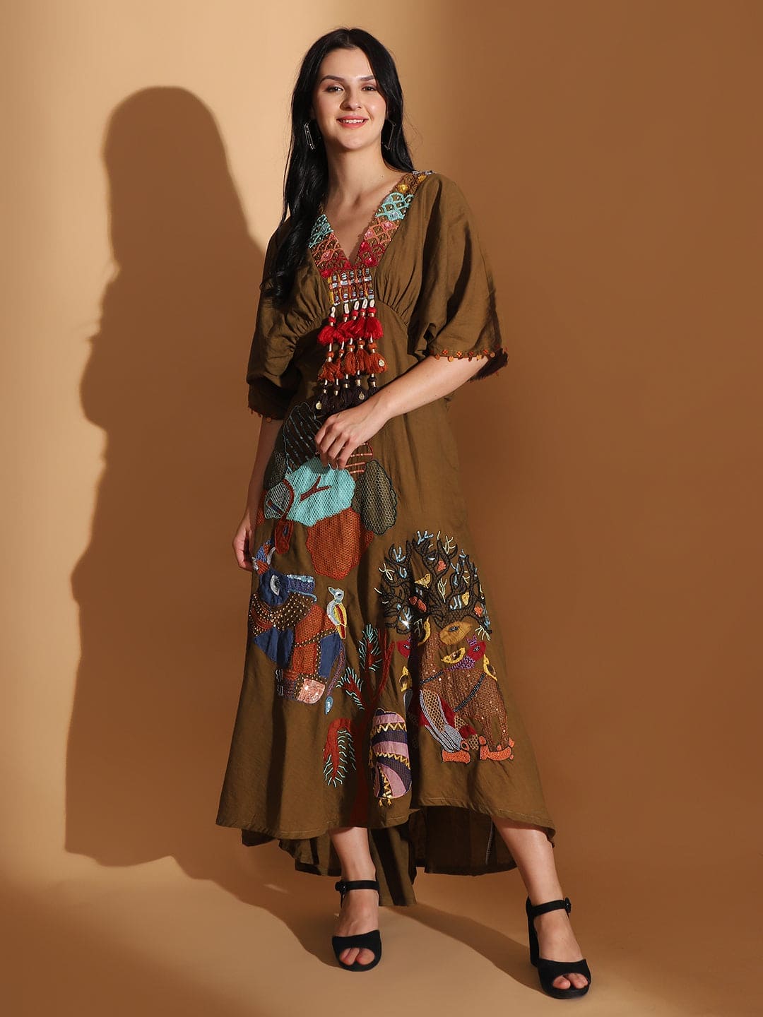 Earthy Olive Gond Artwork Dress - Charkha TalesEarthy Olive Gond Artwork Dress