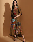 Earthy Olive Gond Artwork Dress - Charkha TalesEarthy Olive Gond Artwork Dress