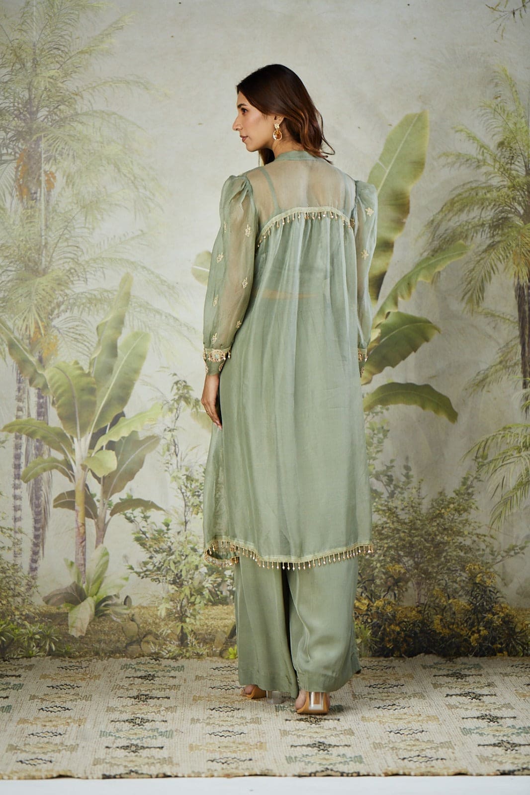 Embroidered Co - ord Set with Long Shrug - Dusty Green - Charkha TalesEmbroidered Co - ord Set with Long Shrug - Dusty Green