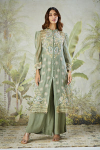 Embroidered Co-ord Set with Long Shrug - Dusty Green
