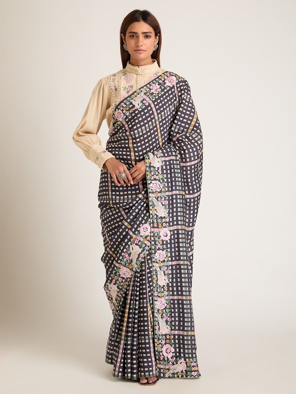 Embroidered Digital Print Saree With Blouse - Blue - Charkha TalesEmbroidered Digital Print Saree With Blouse - Blue