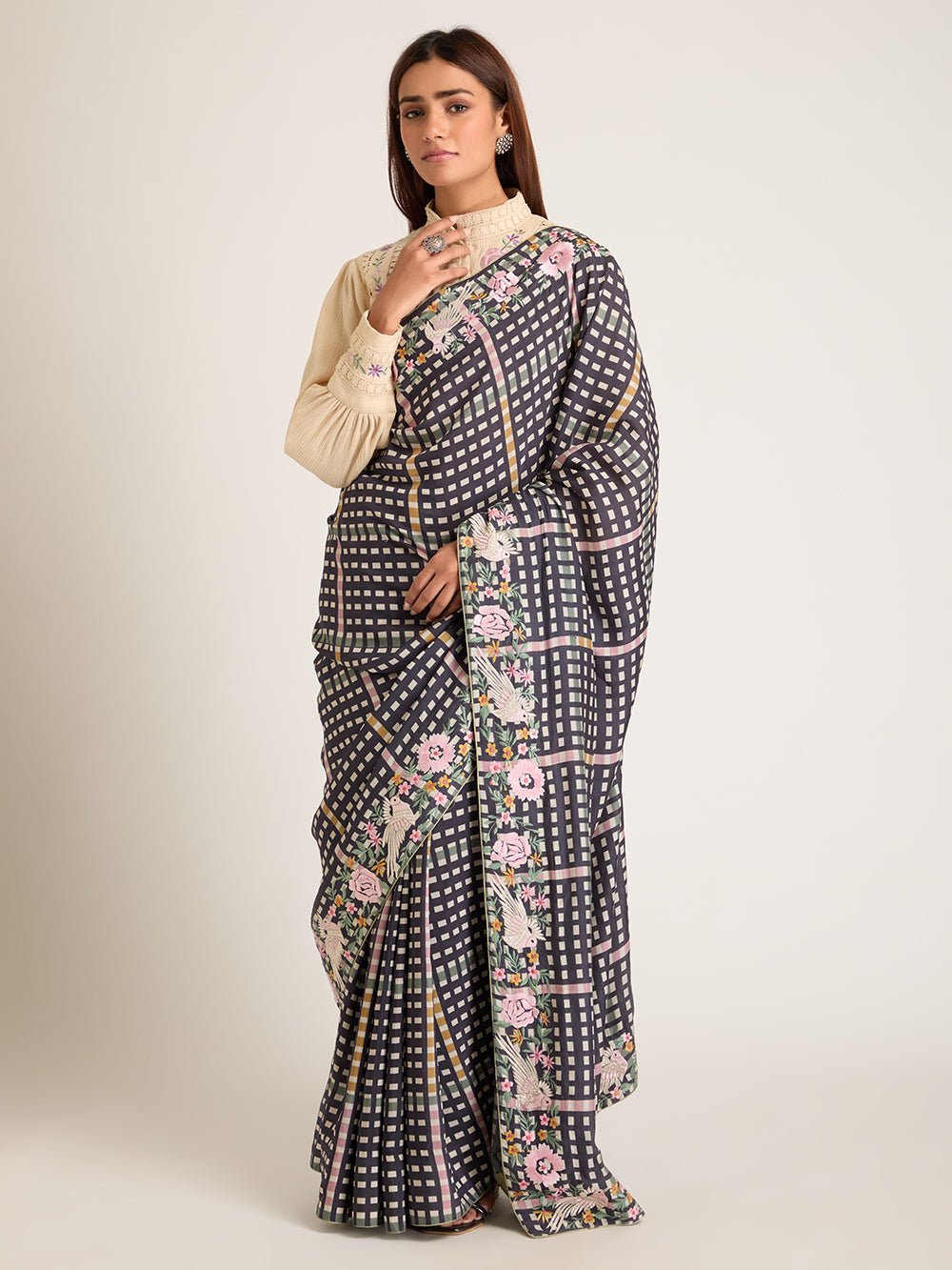 Embroidered Digital Print Saree With Blouse - Blue - Charkha TalesEmbroidered Digital Print Saree With Blouse - Blue