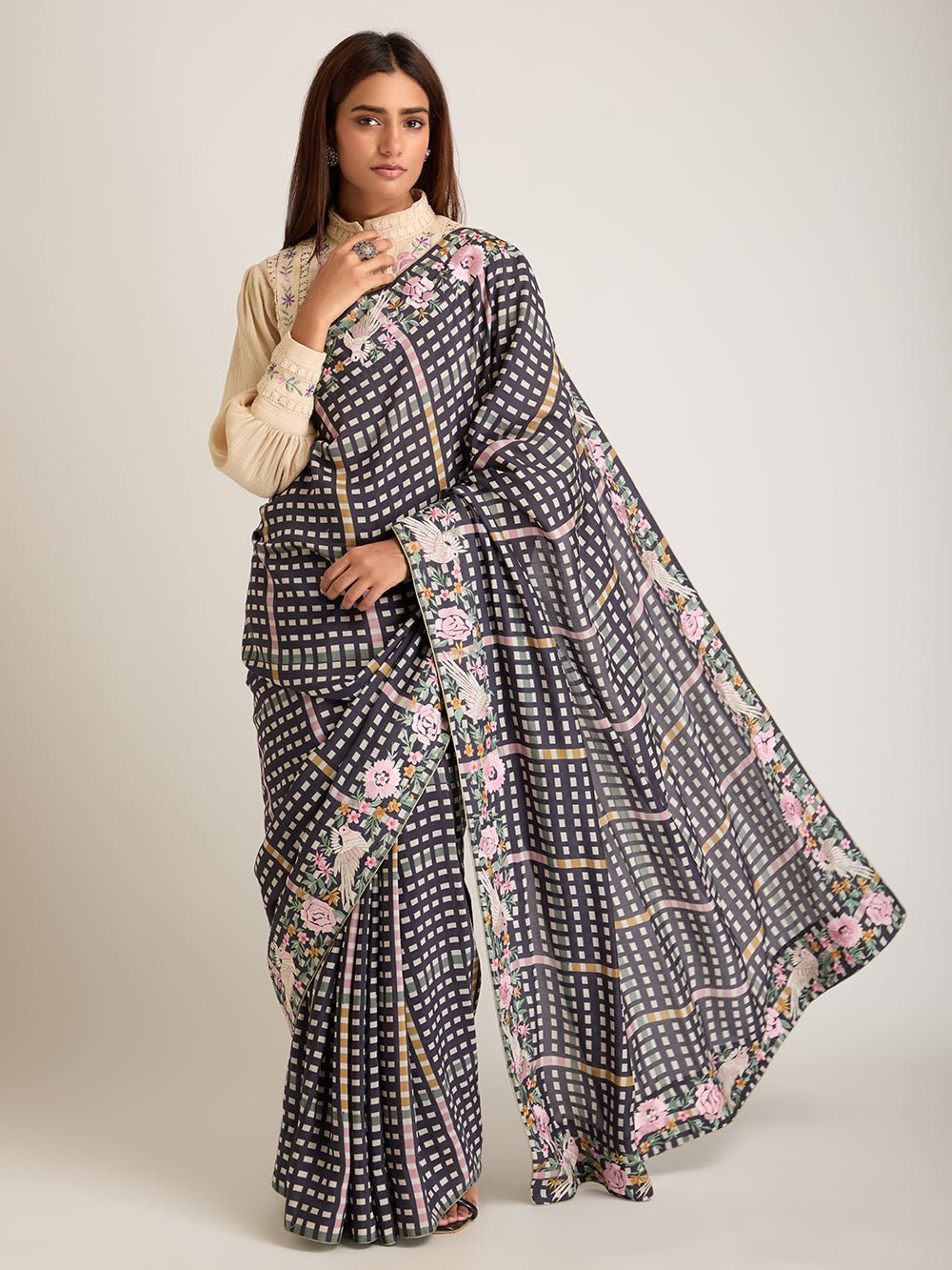 Embroidered Digital Print Saree With Blouse - Blue - Charkha TalesEmbroidered Digital Print Saree With Blouse - Blue