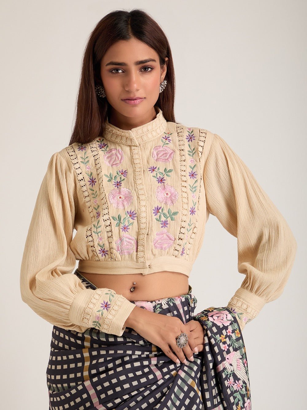 Embroidered Digital Print Saree With Blouse - Blue - Charkha TalesEmbroidered Digital Print Saree With Blouse - Blue