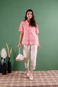 Embroidered Lapel Collar Shirt - Dusty Pink