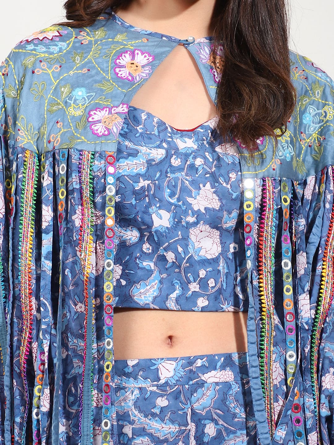 Blue Mirror Work Crop Top & Jacket