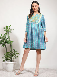 Embroidered Mirror Work Dress - Light Blue