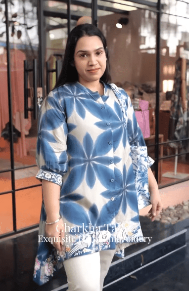 Embroidered Printed Women Co-Ord Set - Blue - Charkha TalesEmbroidered Printed Women Co-Ord Set - Blue