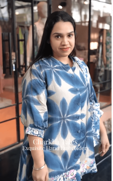 Embroidered Printed Women Co-Ord Set - Blue - Charkha TalesEmbroidered Printed Women Co-Ord Set - Blue