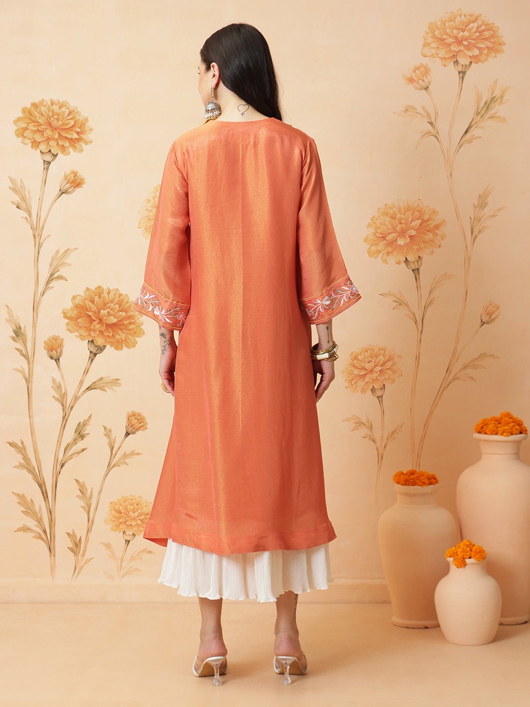 Embroidered Women Dress - Peach - Charkha TalesEmbroidered Women Dress - Peach