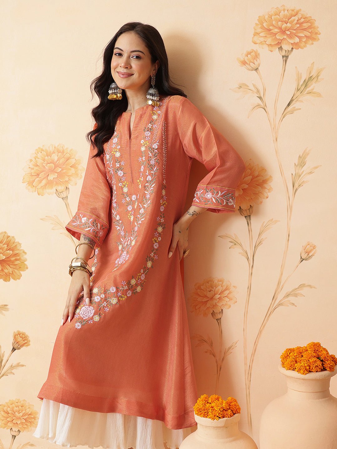 Embroidered Women Dress - Peach - Charkha TalesEmbroidered Women Dress - Peach