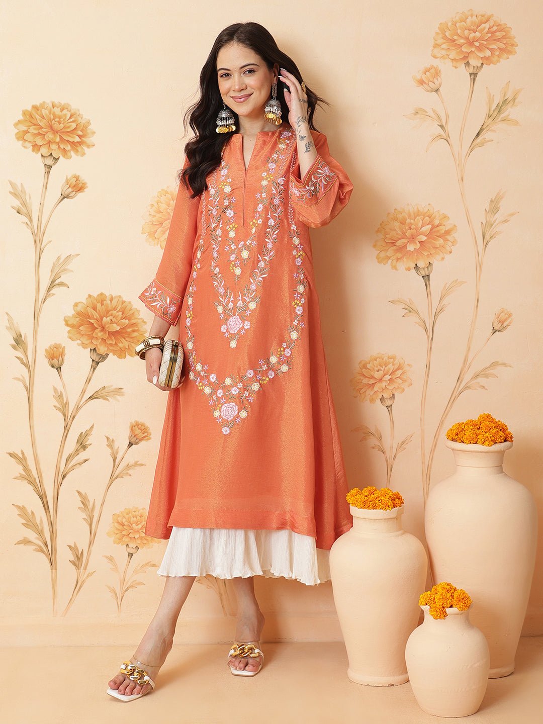 Embroidered Women Dress - Peach - Charkha TalesEmbroidered Women Dress - Peach
