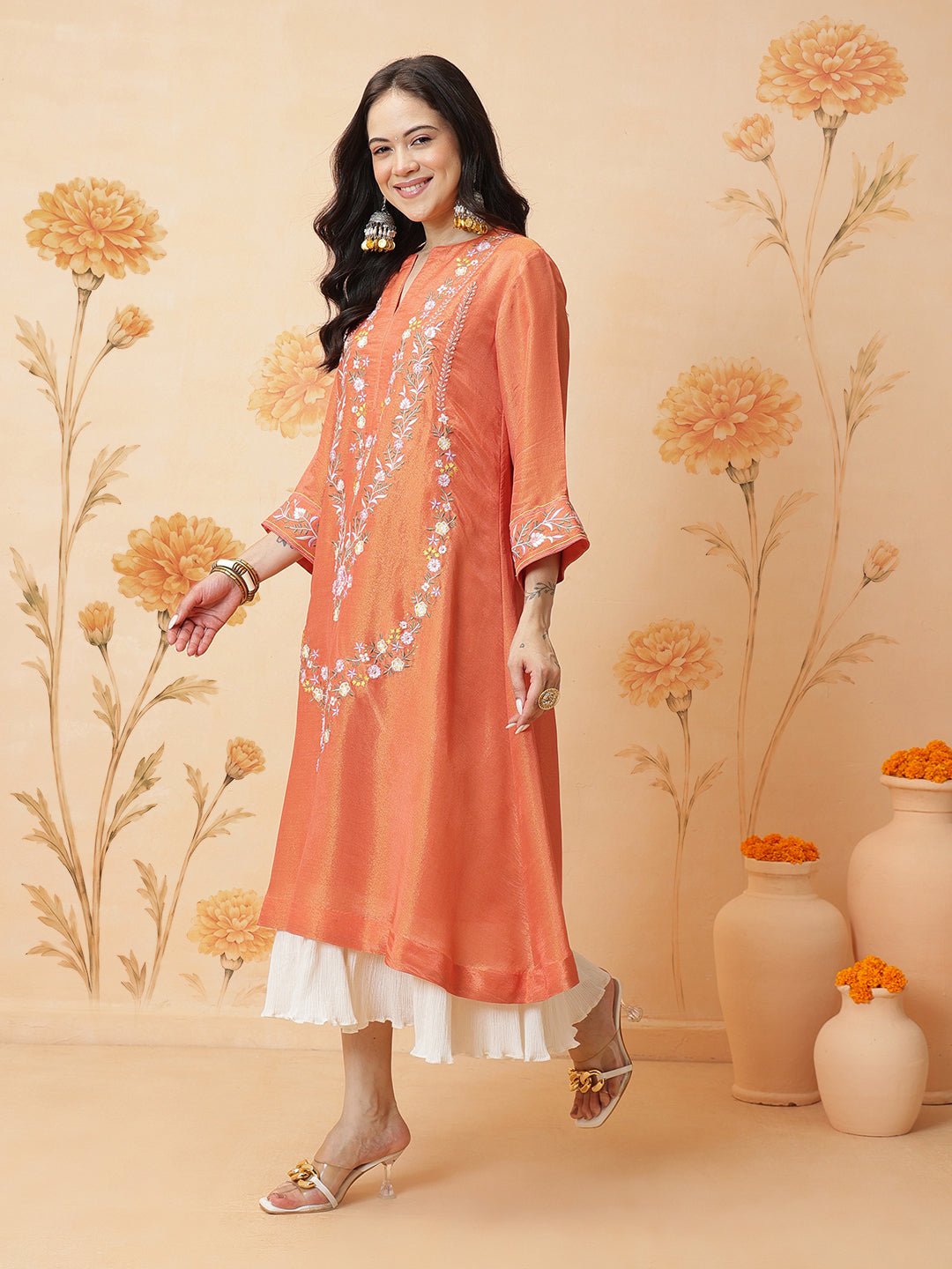 Embroidered Women Dress - Peach - Charkha TalesEmbroidered Women Dress - Peach