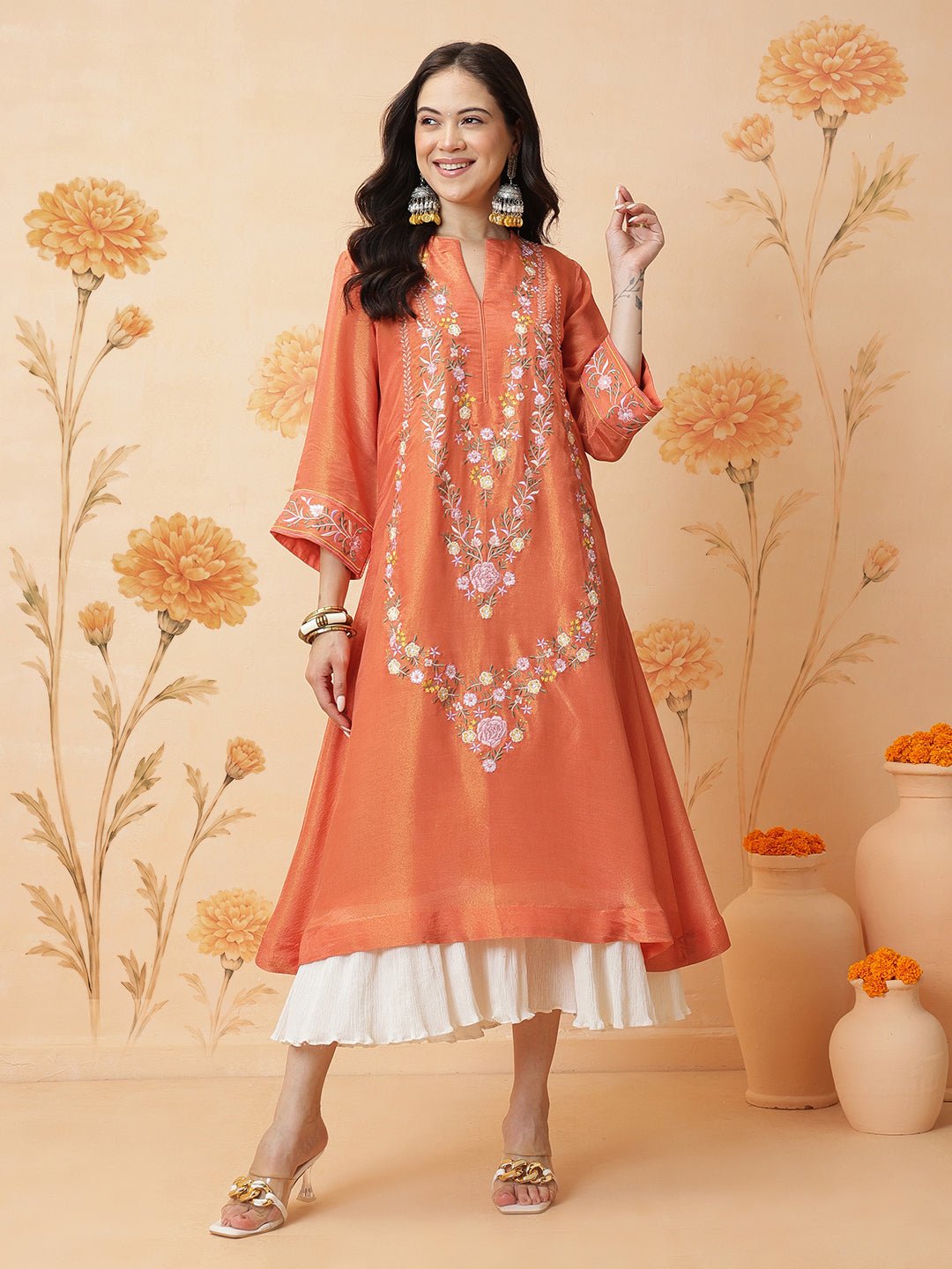 Embroidered Women Dress - Peach - Charkha TalesEmbroidered Women Dress - Peach