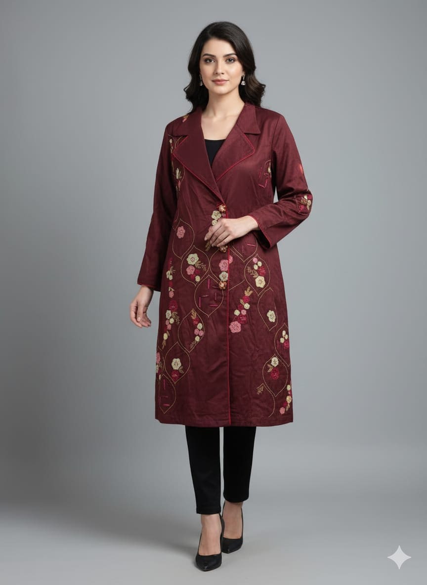 Embroidered Women Jacket - Brown - Charkha Tales Embroidered Women Jacket - Brown