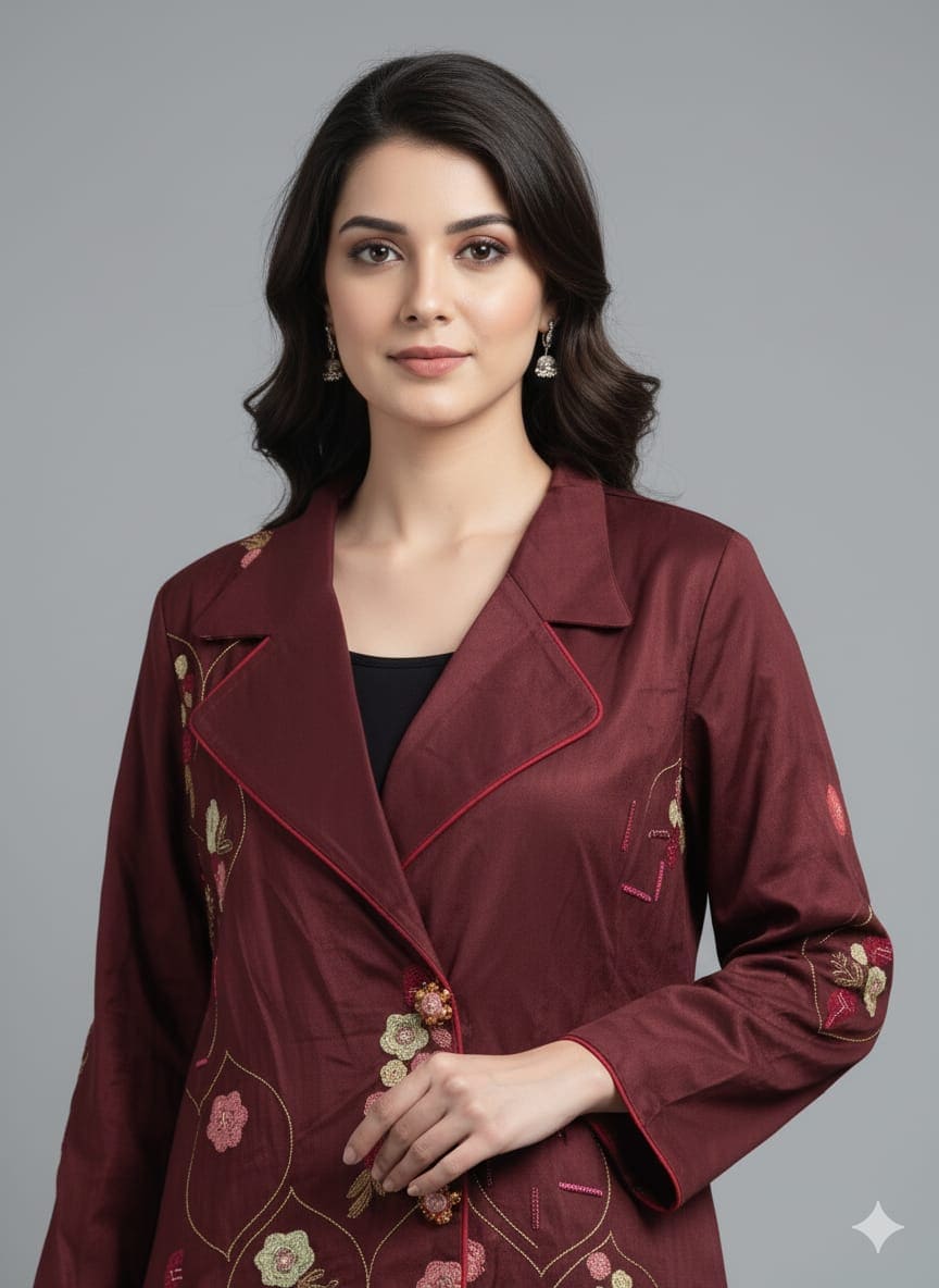 Embroidered Women Jacket - Brown - Charkha Tales Embroidered Women Jacket - Brown