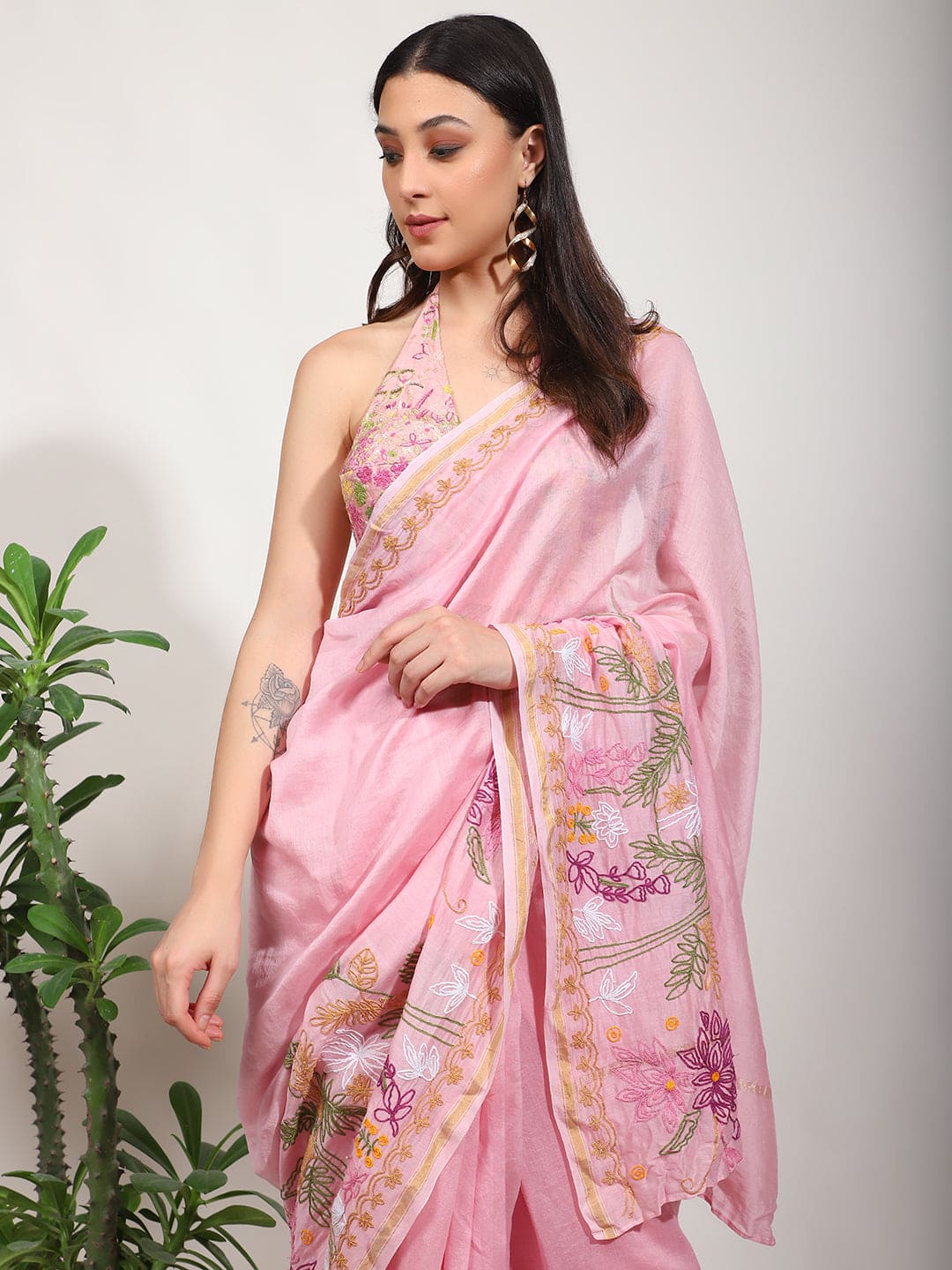 Embroidered Women Saree - Pink - Charkha TalesEmbroidered Women Saree - Pink