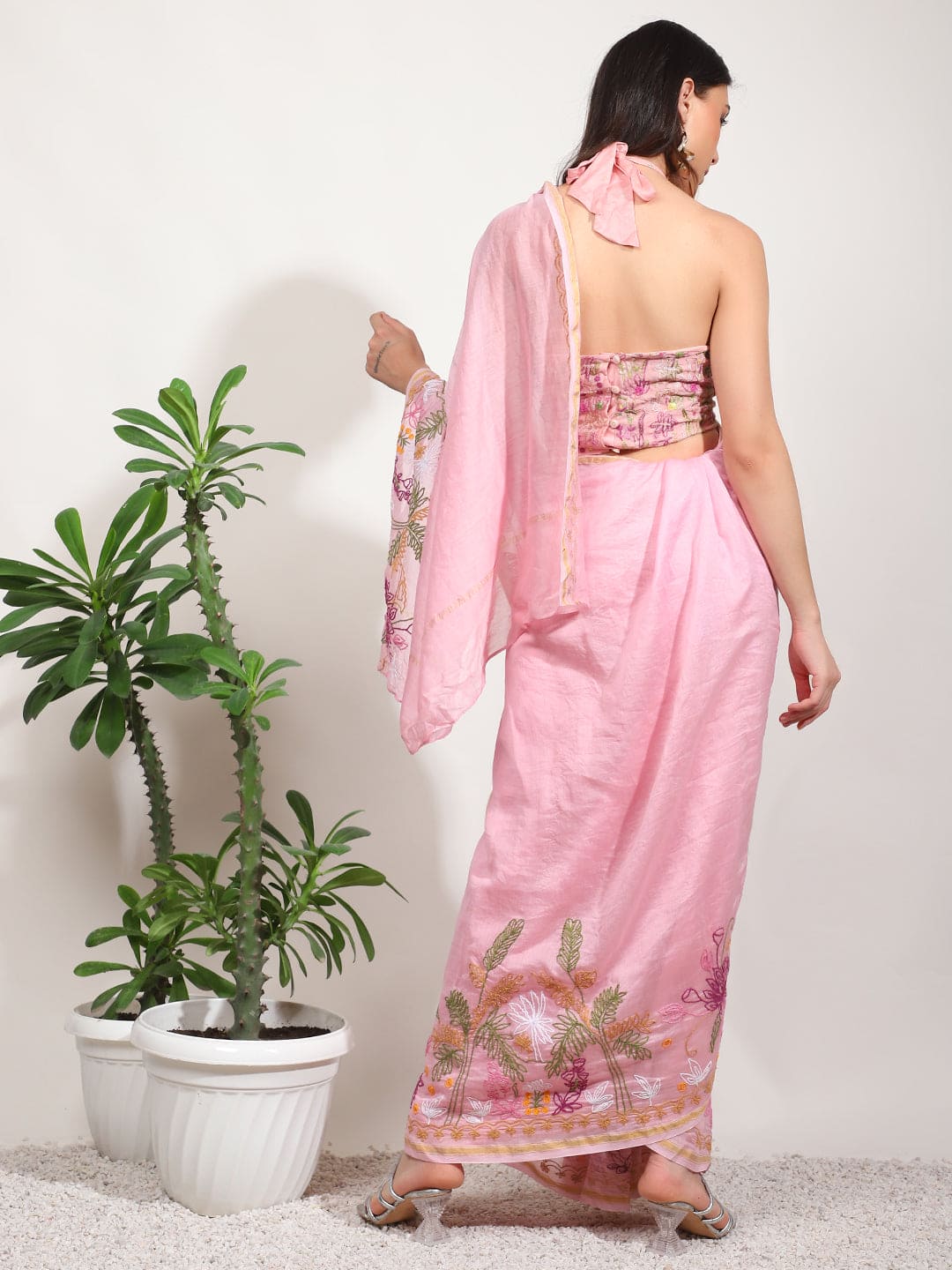 Embroidered Women Saree - Pink - Charkha TalesEmbroidered Women Saree - Pink