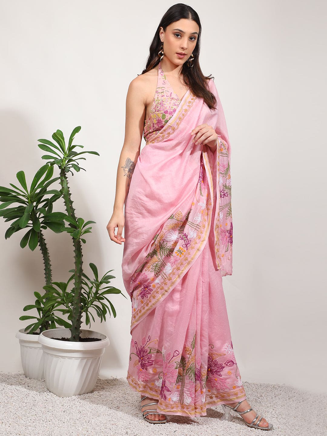 Embroidered Women Saree - Pink - Charkha TalesEmbroidered Women Saree - Pink