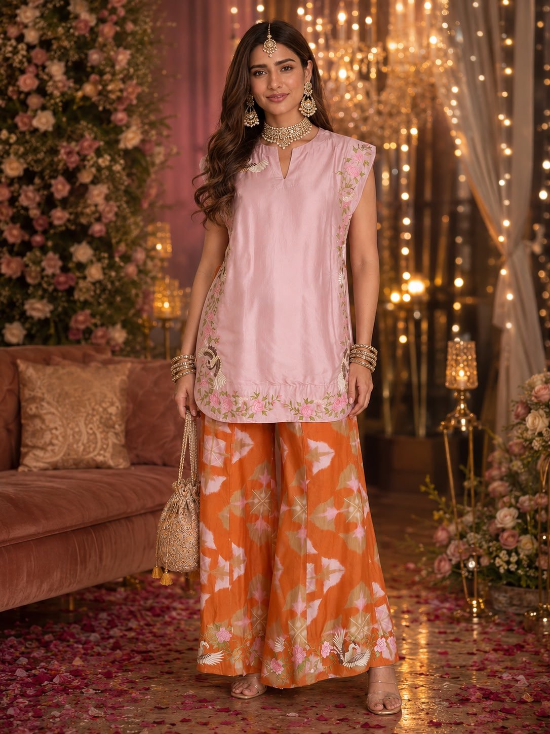 Embroidered Women Top With Plazzo - Pink - Charkha TalesEmbroidered Women Top With Plazzo - Pink