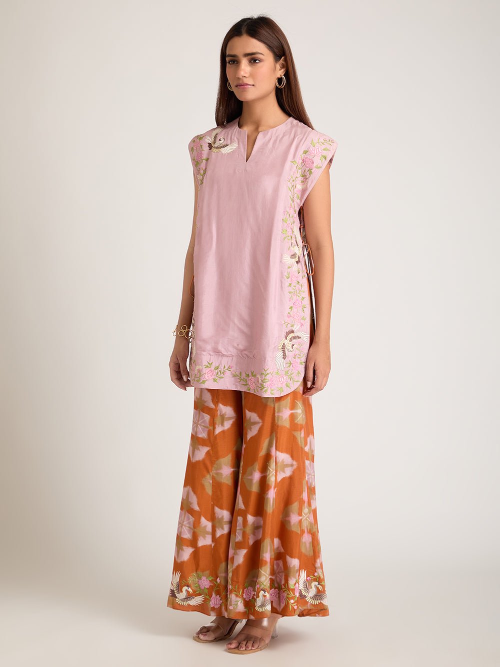 Embroidered Women Top With Plazzo - Pink - Charkha TalesEmbroidered Women Top With Plazzo - Pink