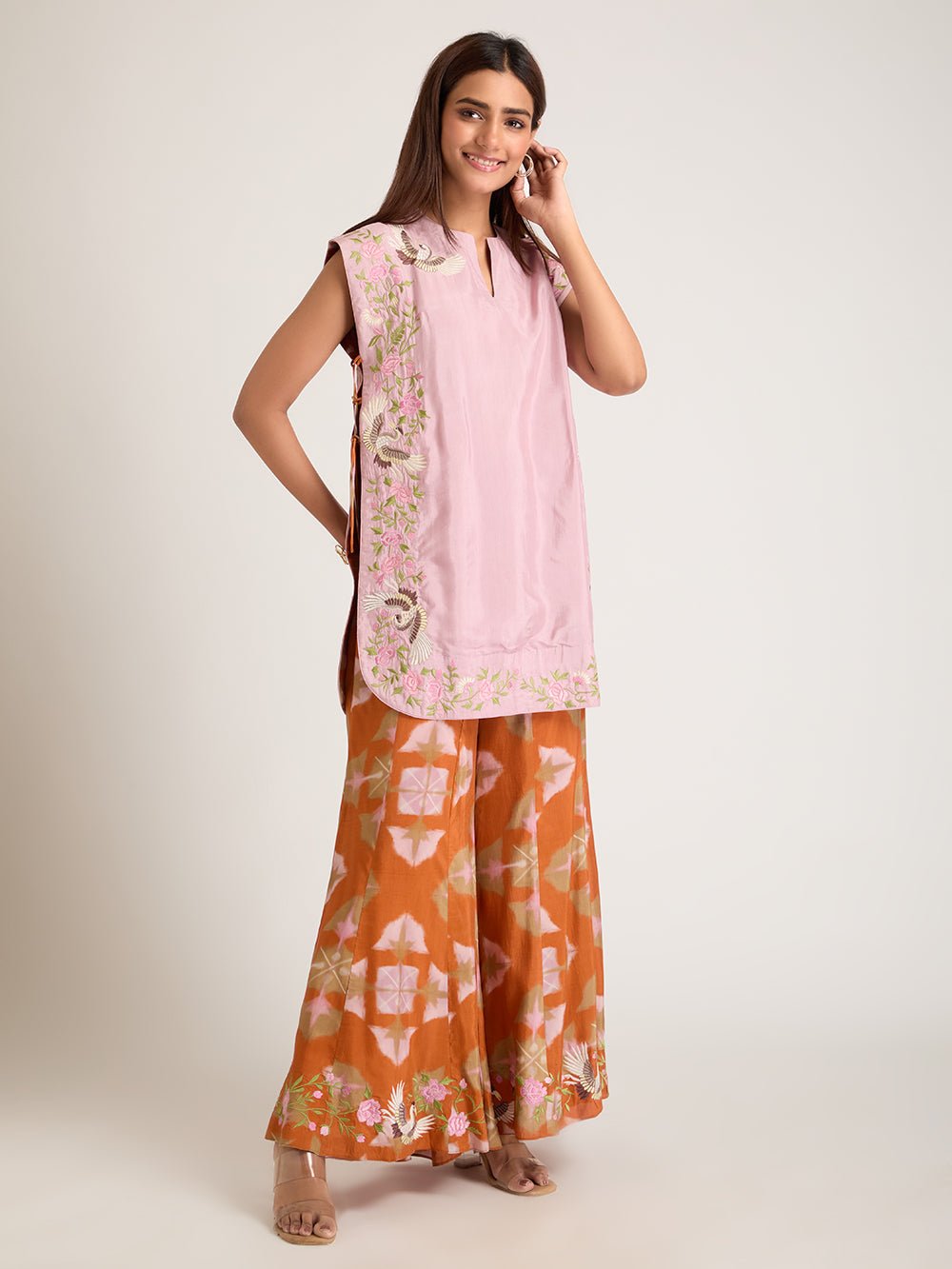 Embroidered Women Top With Plazzo - Pink - Charkha TalesEmbroidered Women Top With Plazzo - Pink