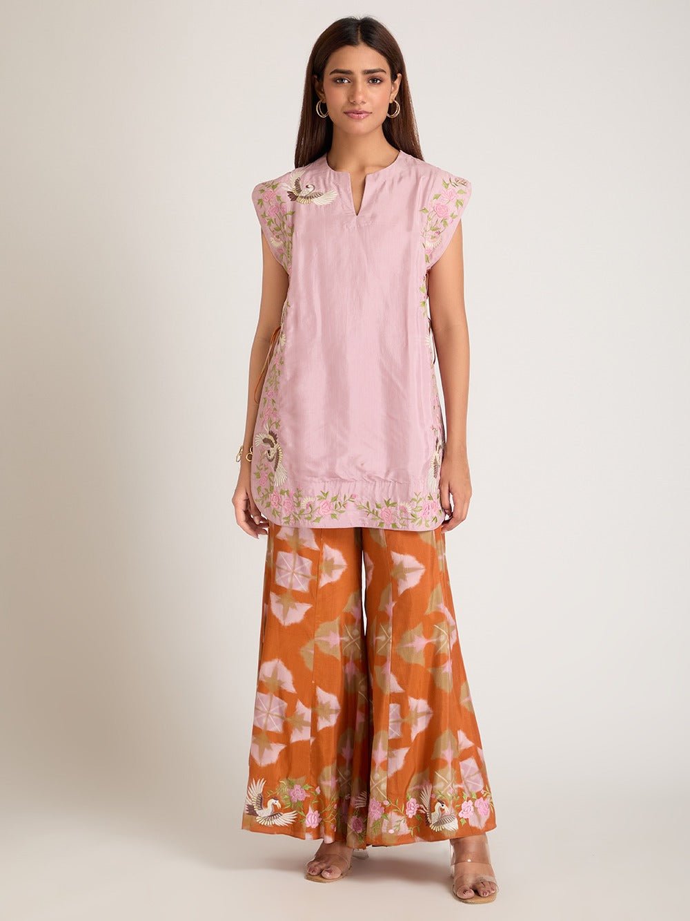 Embroidered Women Top With Plazzo - Pink - Charkha TalesEmbroidered Women Top With Plazzo - Pink