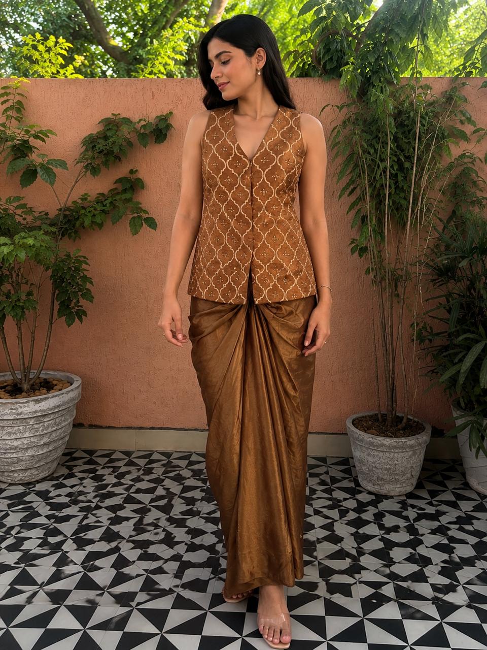 Embroidered Women Top With Tulic Pant - Brown - Charkha TalesEmbroidered Women Top With Tulic Pant - Brown