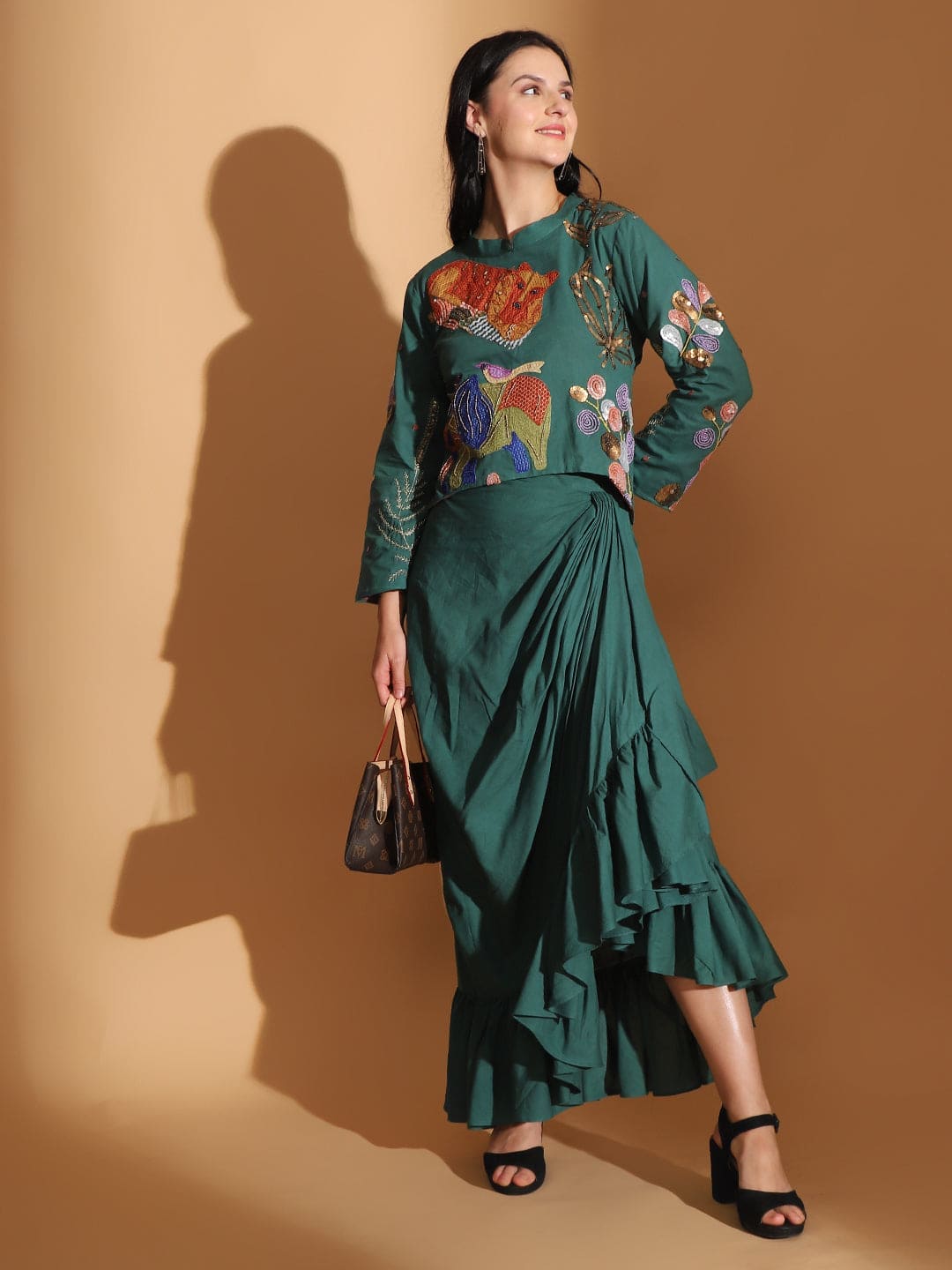 Emerald Gond Artwork Dress With Ruffle Skirt - Charkha TalesEmerald Gond Artwork Dress With Ruffle Skirt