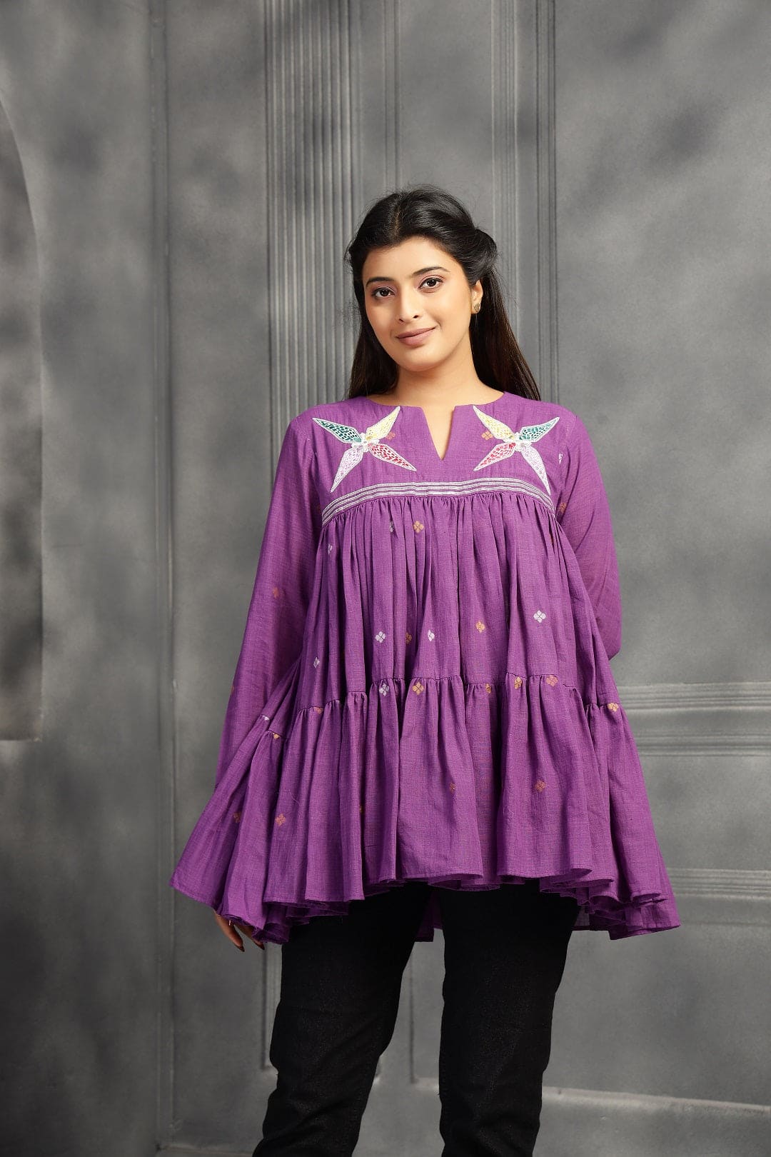 Flared Jamdani Women Top - Purple - Charkha TalesFlared Jamdani Women Top - Purple