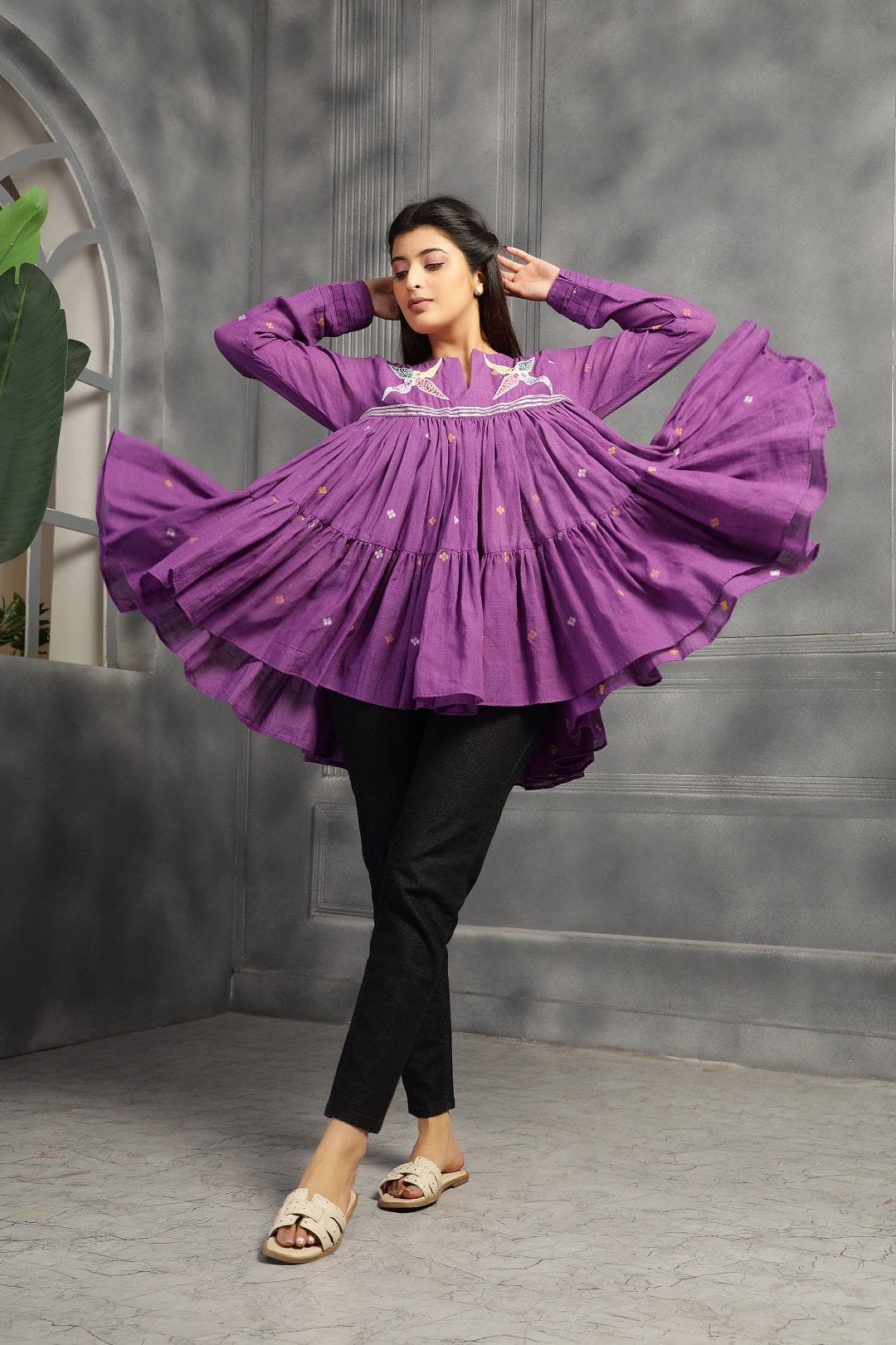 Flared Jamdani Women Top - Purple - Charkha TalesFlared Jamdani Women Top - Purple