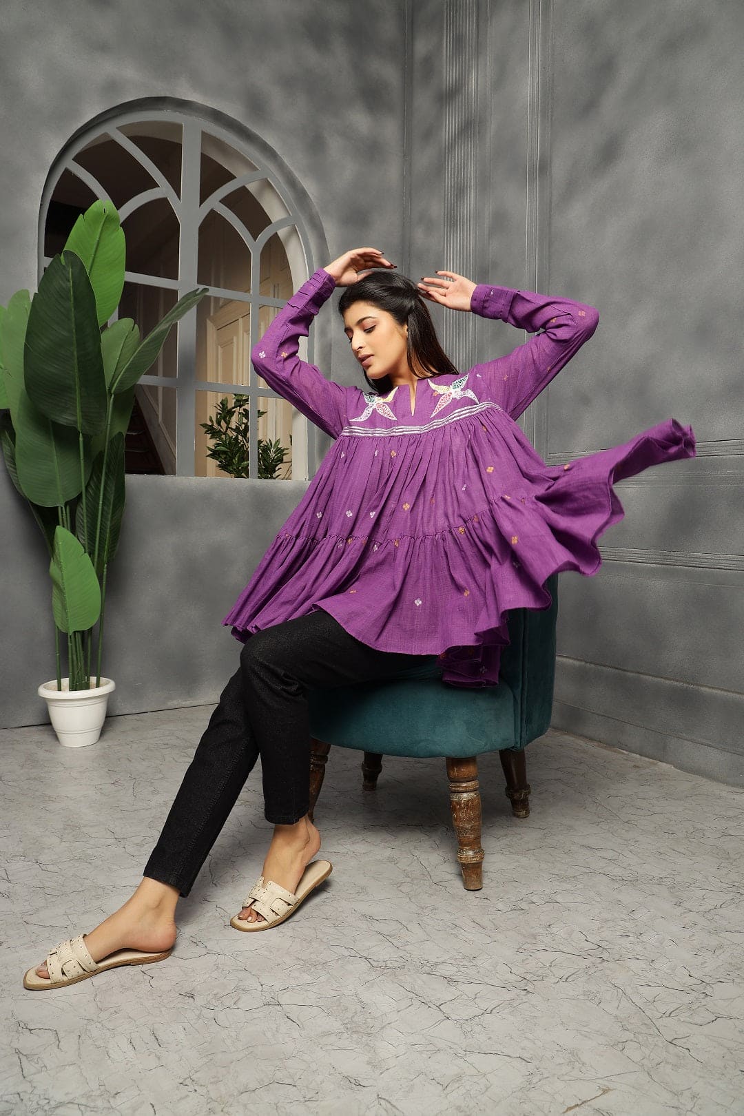 Flared Jamdani Women Top - Purple - Charkha TalesFlared Jamdani Women Top - Purple