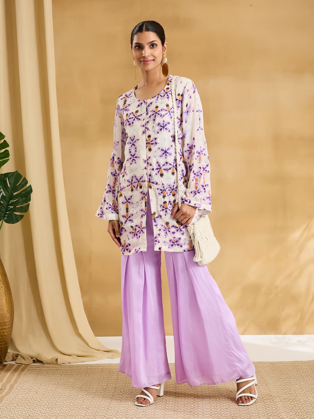 Floral Printed Jacket Styled Top Set - Mauve - Charkha TalesFloral Printed Jacket Styled Top Set - Mauve