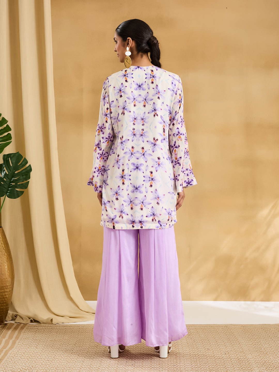 Floral Printed Jacket Styled Top Set - Mauve - Charkha TalesFloral Printed Jacket Styled Top Set - Mauve