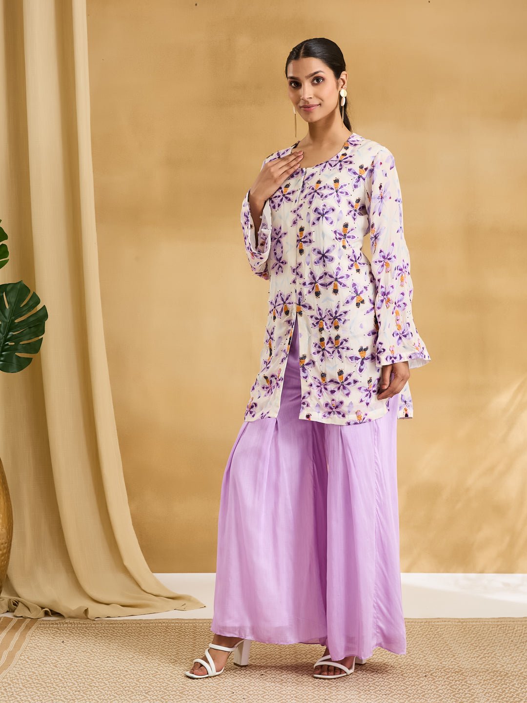 Floral Printed Jacket Styled Top Set - Mauve - Charkha TalesFloral Printed Jacket Styled Top Set - Mauve