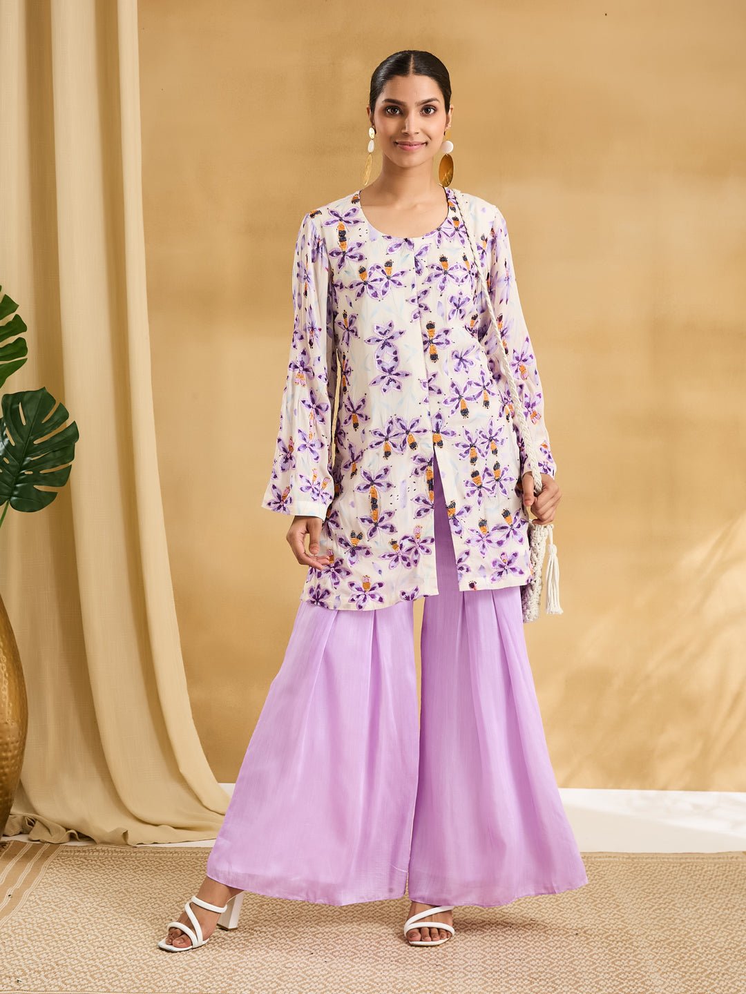 Floral Printed Jacket Styled Top Set - Mauve - Charkha TalesFloral Printed Jacket Styled Top Set - Mauve