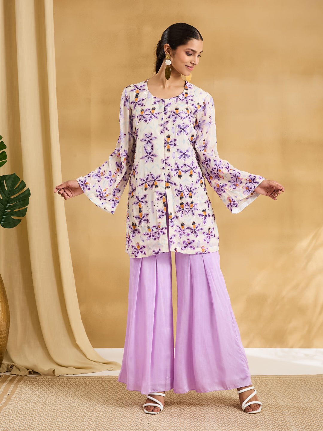 Floral Printed Jacket Styled Top Set - Mauve - Charkha TalesFloral Printed Jacket Styled Top Set - Mauve