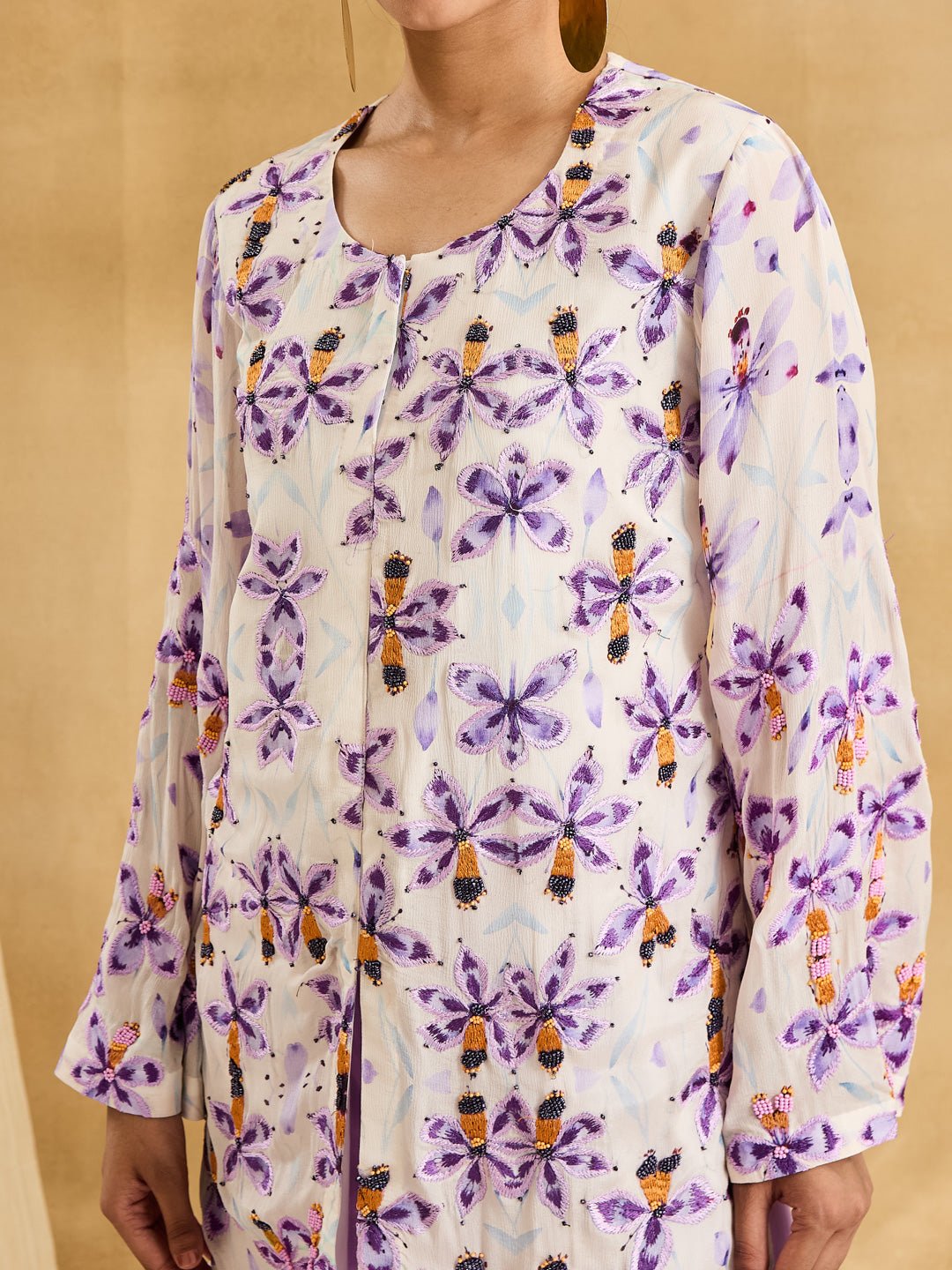 Floral Printed Jacket Styled Top Set - Mauve - Charkha TalesFloral Printed Jacket Styled Top Set - Mauve