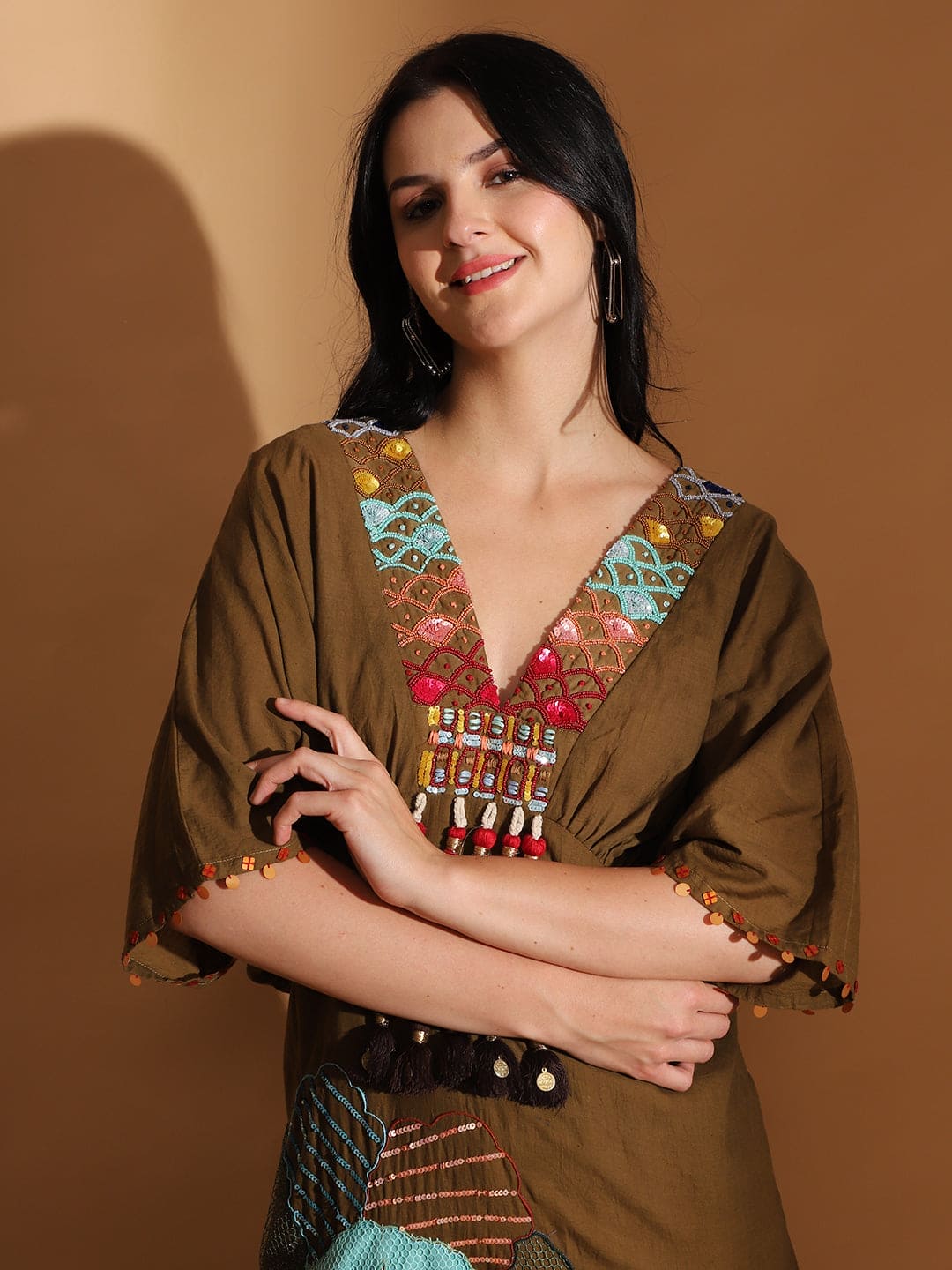 Gond Artwork Dress - Earthy Olive - Charkha TalesGond Artwork Dress - Earthy Olive