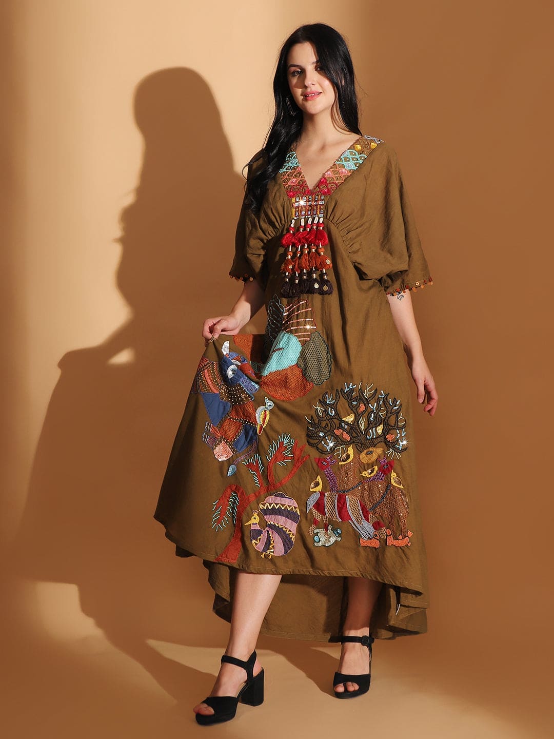Gond Artwork Dress - Earthy Olive - Charkha TalesGond Artwork Dress - Earthy Olive