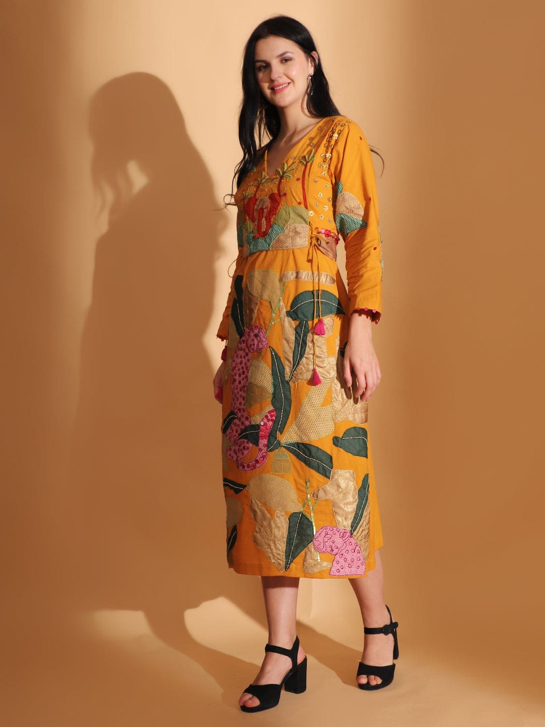 Gond Artwork Dress - Mustard - Charkha TalesGond Artwork Dress - Mustard