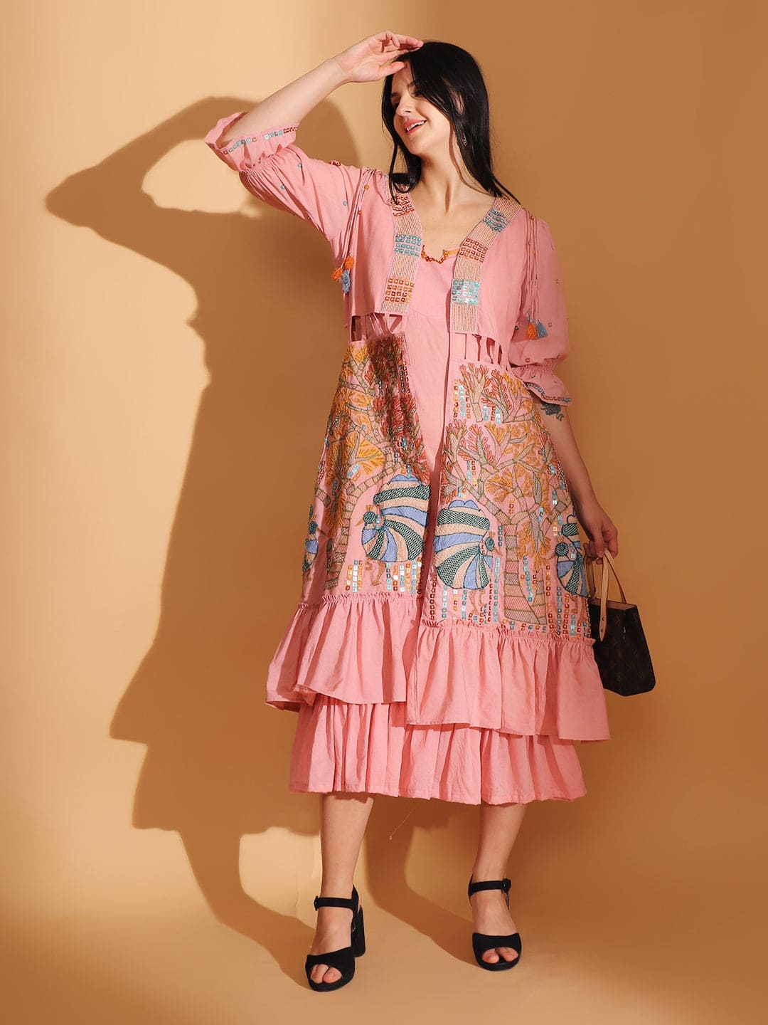 Gond Artwork Dress With Long Shrug - Peach - Charkha TalesGond Artwork Dress With Long Shrug - Peach