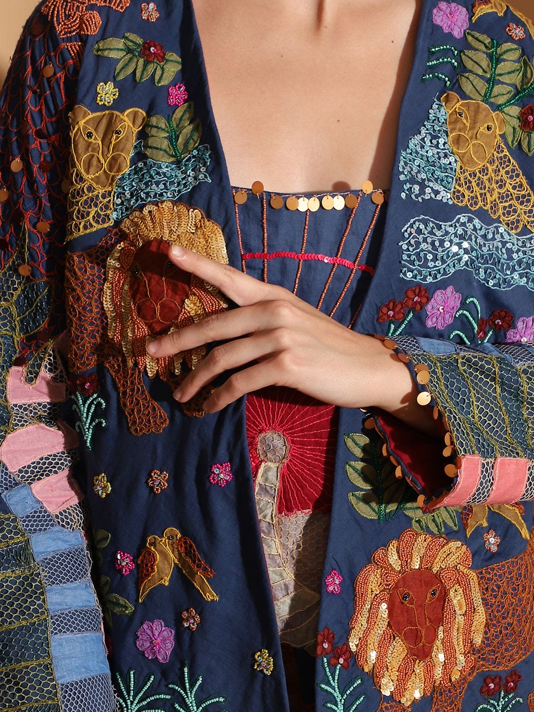 Gond Artwork Dress With Overlay Jacket - Blue - Charkha TalesGond Artwork Dress With Overlay Jacket - Blue