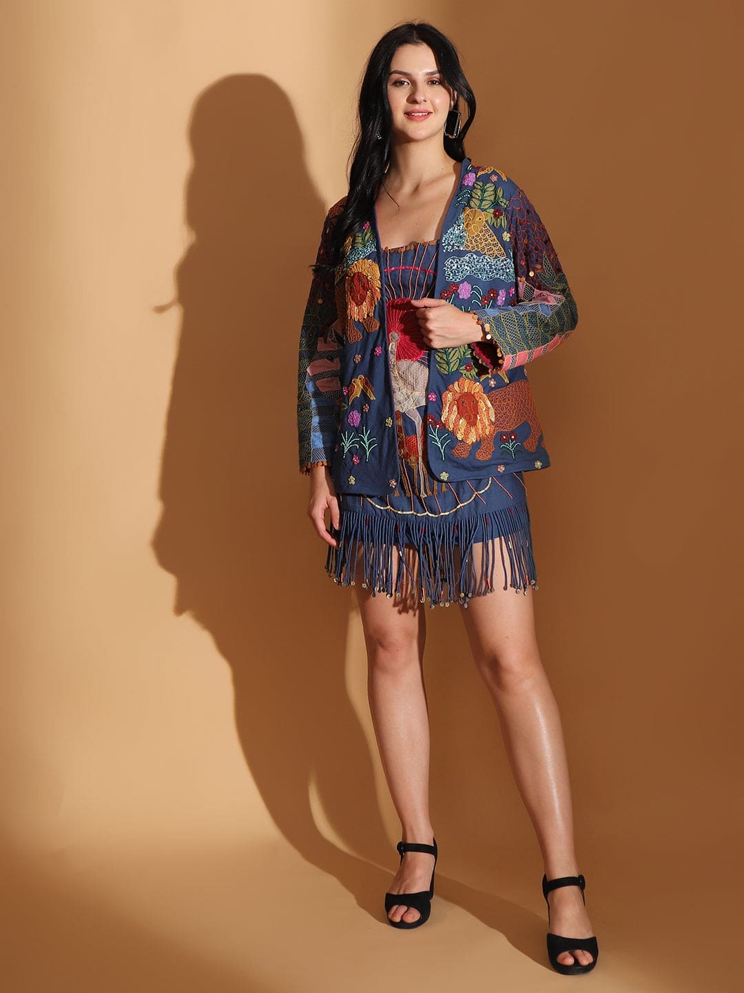 Gond Artwork Dress With Overlay Jacket - Blue - Charkha TalesGond Artwork Dress With Overlay Jacket - Blue