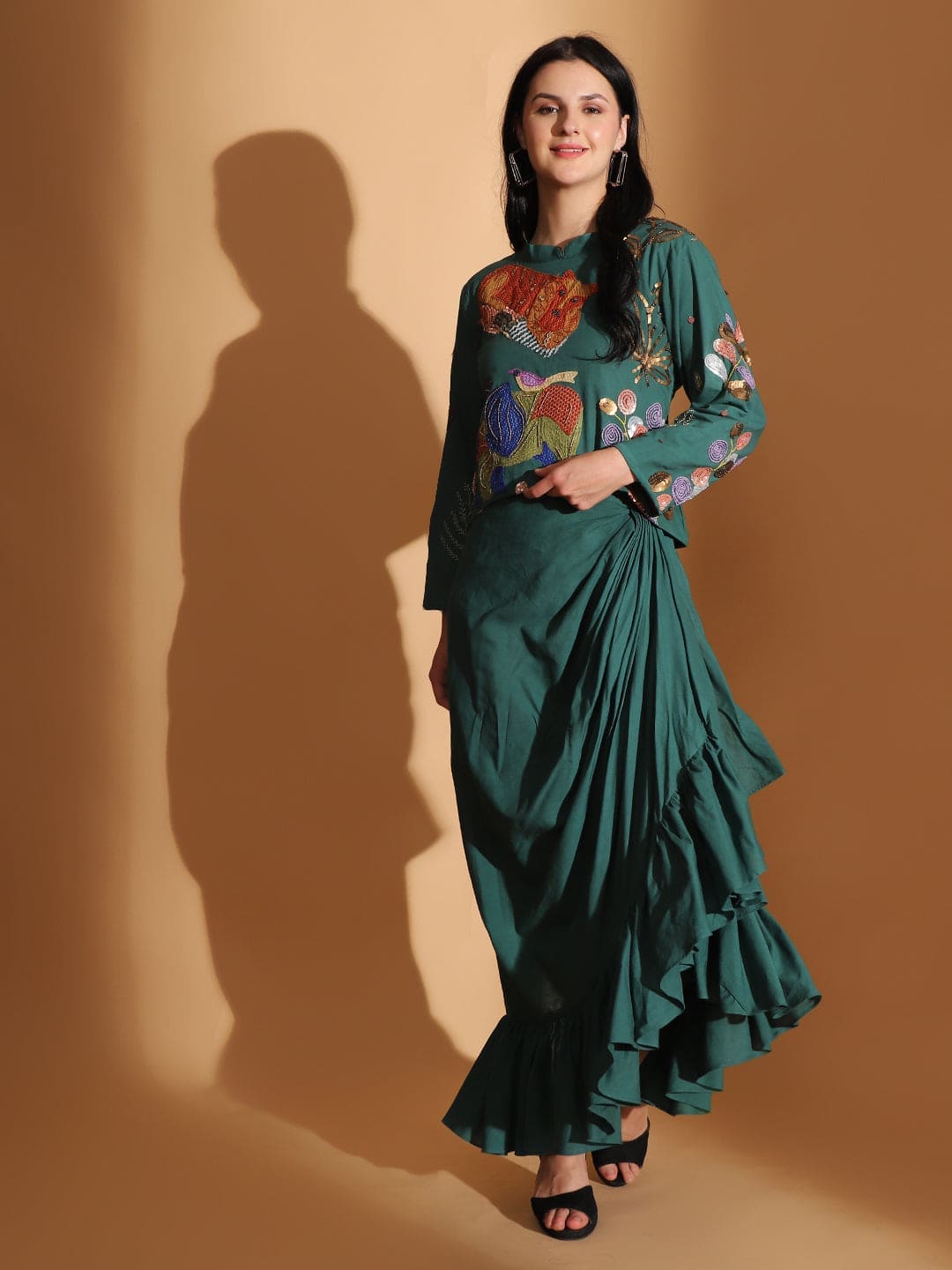 Gond Artwork Dress With Ruffle Skirt - Emerald Green - Charkha TalesGond Artwork Dress With Ruffle Skirt - Emerald Green