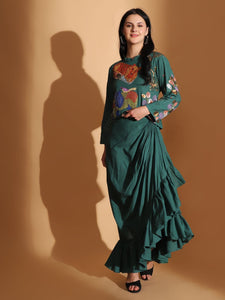 Gond Artwork Dress With Ruffle Skirt - Emerald Green