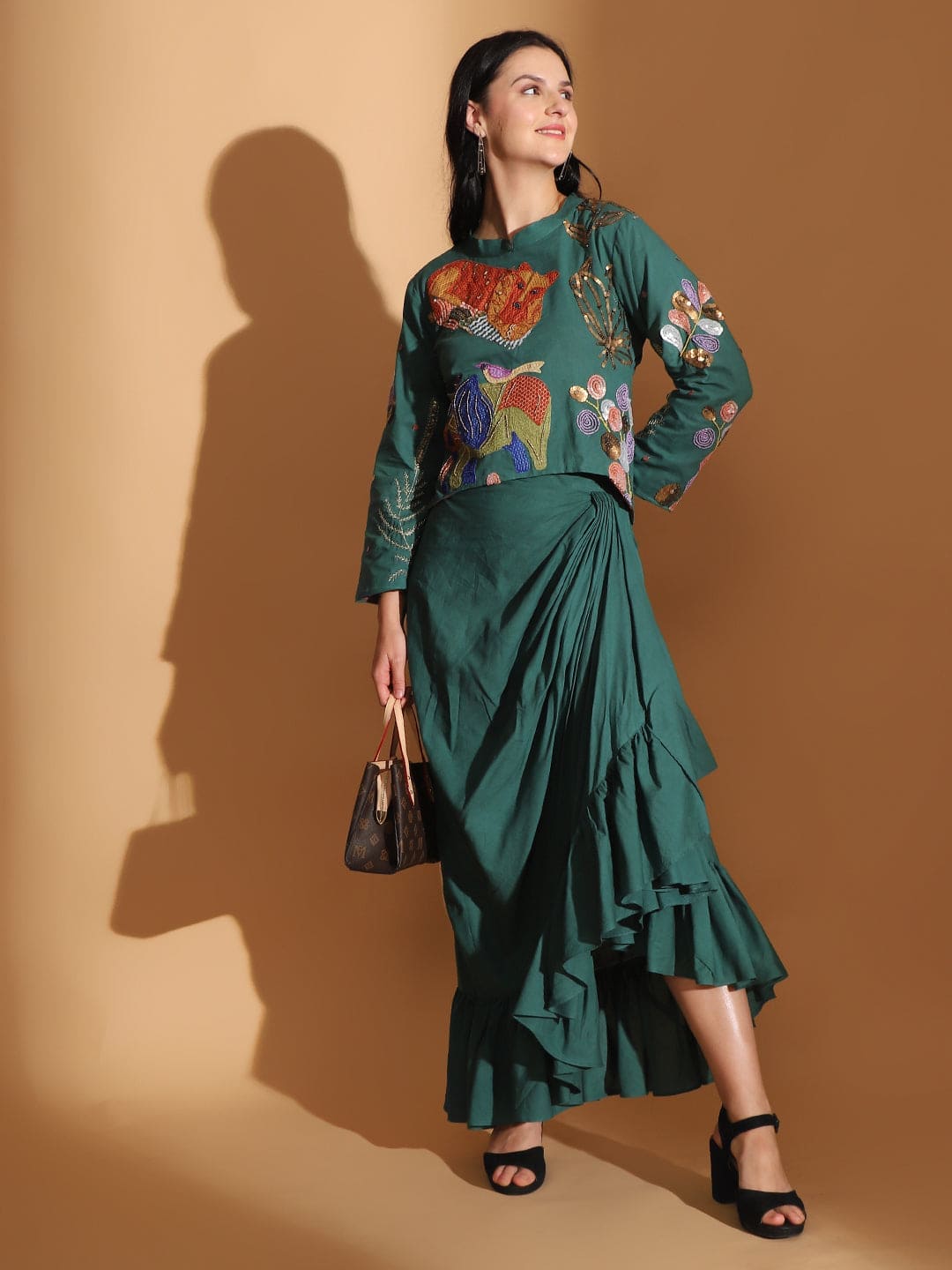 Gond Artwork Dress With Ruffle Skirt - Emerald Green - Charkha TalesGond Artwork Dress With Ruffle Skirt - Emerald Green