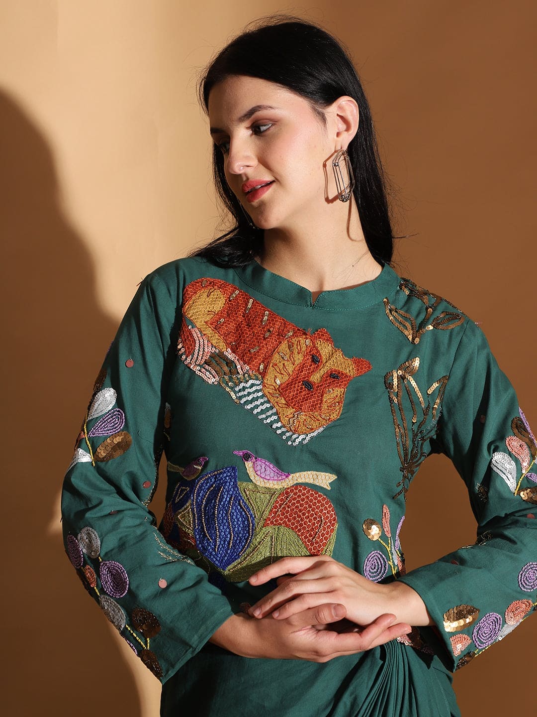 Gond Artwork Dress With Ruffle Skirt - Emerald Green - Charkha TalesGond Artwork Dress With Ruffle Skirt - Emerald Green
